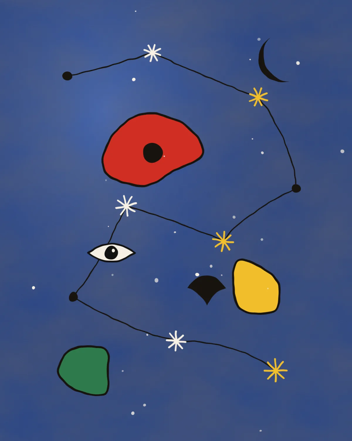 Collage azul nocturno con estrellas, una mancha roja y un ojo