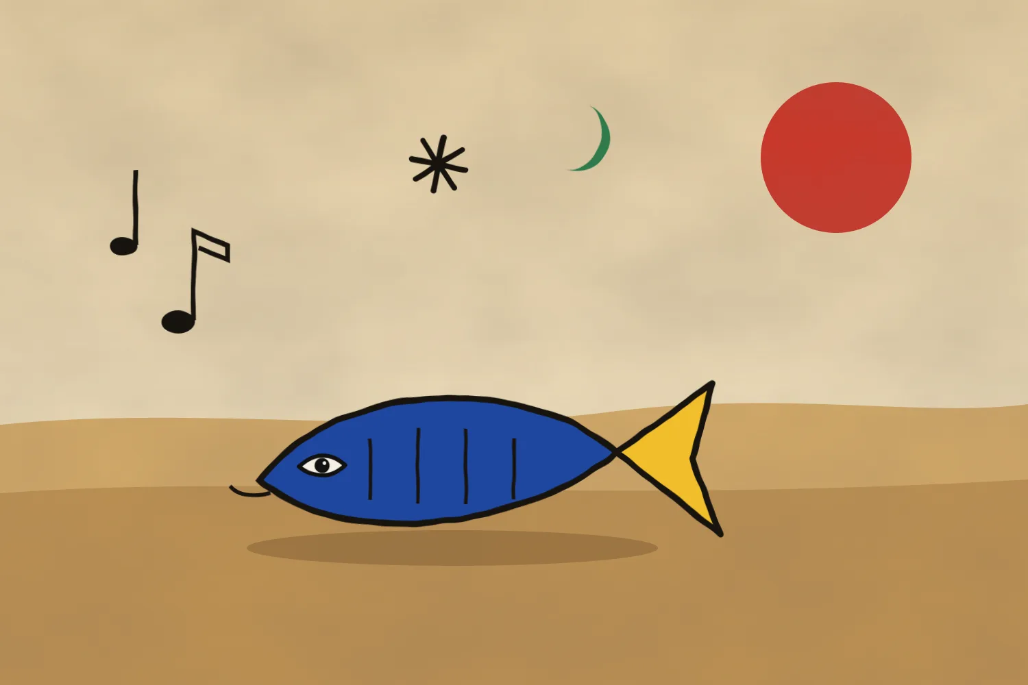 Pez azul con cola amarilla sobre la arena, con notas musicales