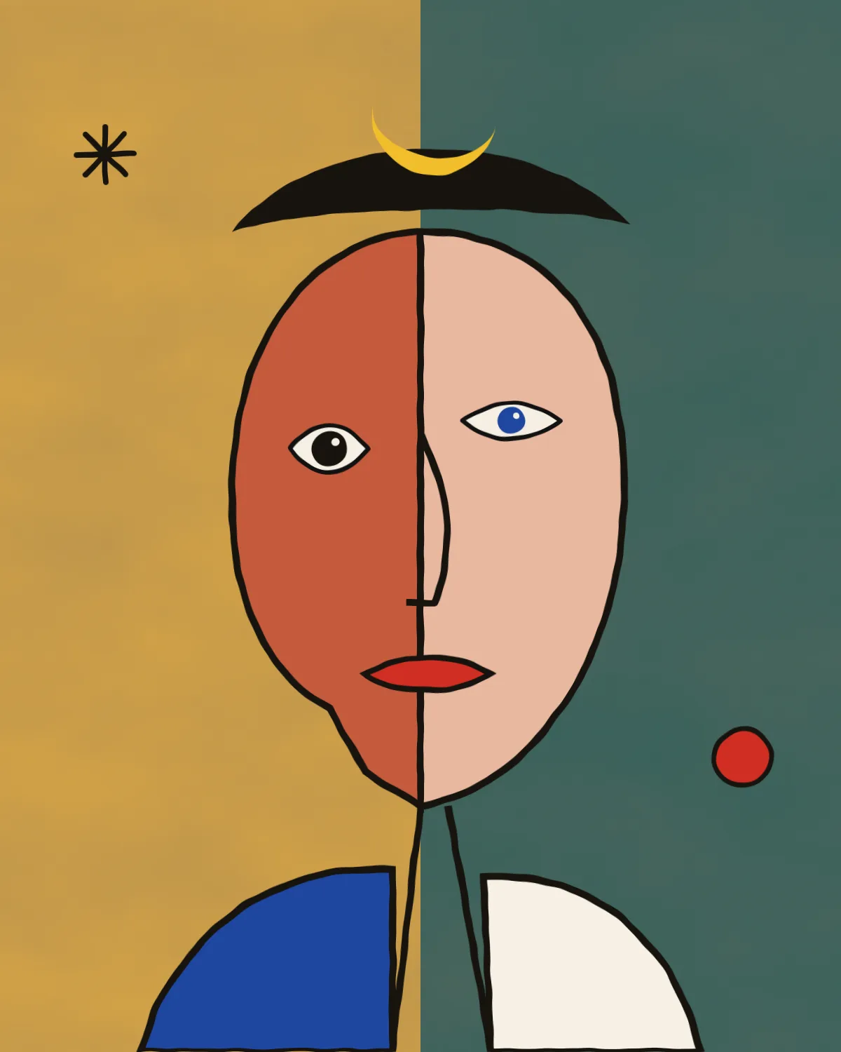 Retrato cubista de rostro dividido en rojo y rosa con una luna amarilla